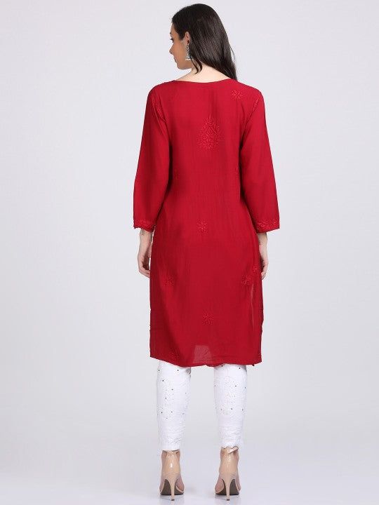 Maroon Madiha Rayon kurti with Muquesh Work