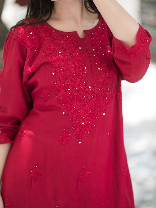 Maroon Madiha Rayon kurti with Muquesh Work