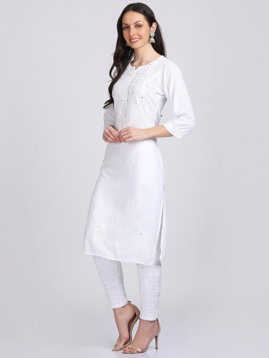 White Madiha Rayon kurti with Muquesh Work