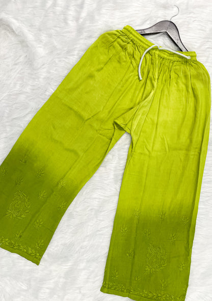 Ombre Dyed Shaded Rayon Lucknowi Chikankari Kurti, Palazzo and Dupatta Set.