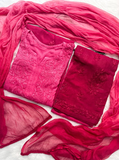 Ombre Dyed Shaded Rayon Lucknowi Chikankari Kurti, Palazzo and Dupatta Set.
