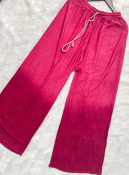 Ombre Dyed Shaded Rayon Lucknowi Chikankari Kurti, Palazzo and Dupatta Set.
