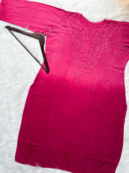Ombre Dyed Shaded Rayon Lucknowi Chikankari Kurti, Palazzo and Dupatta Set.