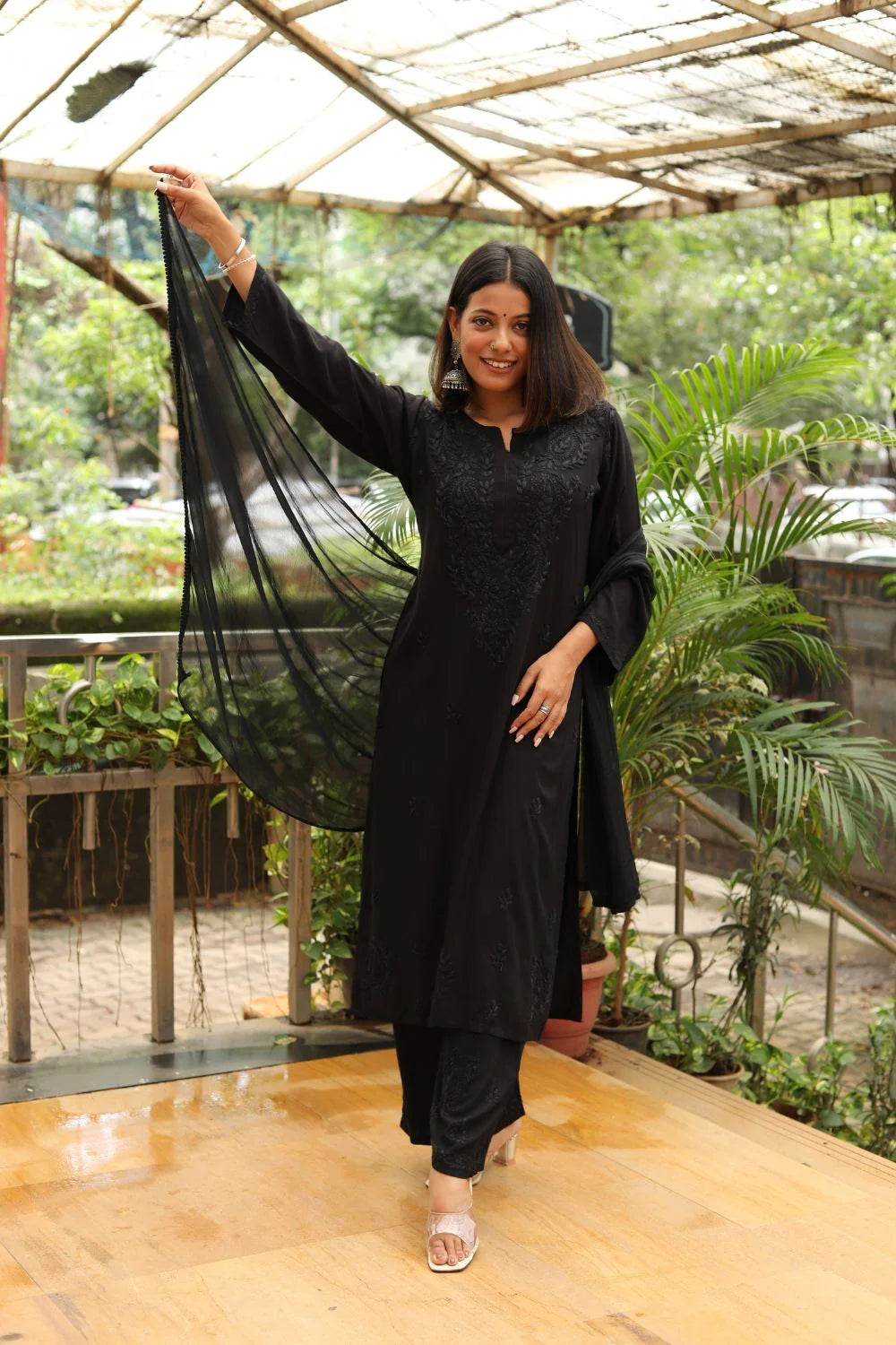 Ombre Dyed Shaded Rayon Lucknowi Chikankari Kurti, Palazzo and Dupatta Set.