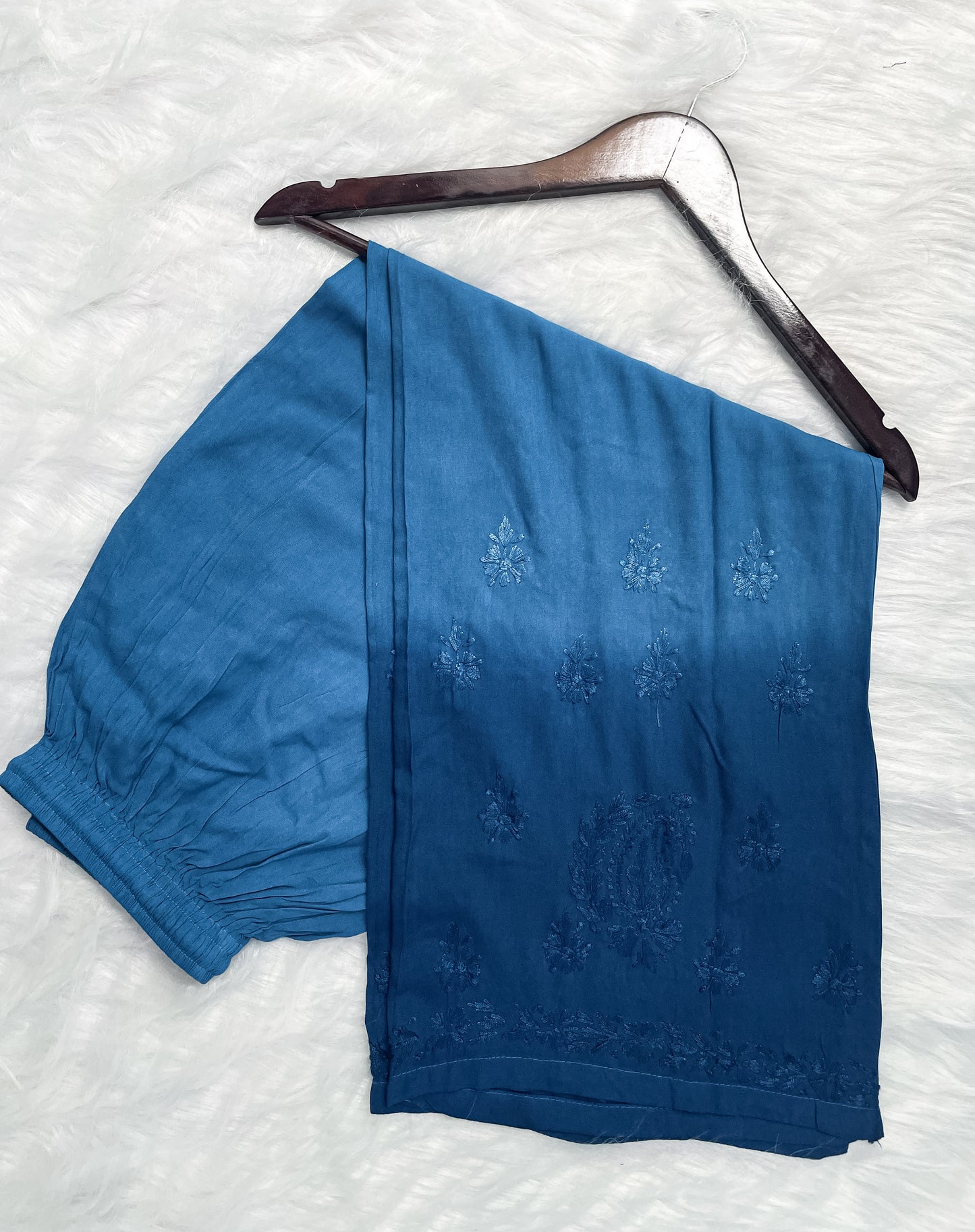 Ombre Dyed Shaded Rayon Lucknowi Chikankari Kurti, Palazzo and Dupatta Set.