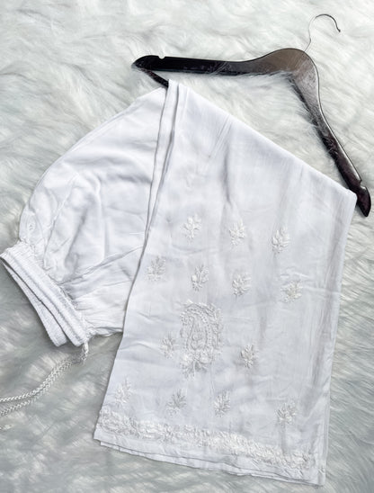 Ombre Dyed Shaded Rayon Lucknowi Chikankari Kurti, Palazzo and Dupatta Set.