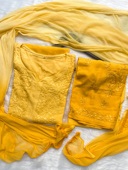 Ombre Dyed Shaded Rayon Lucknowi Chikankari Kurti, Palazzo and Dupatta Set.