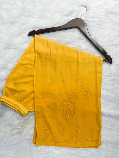 Ombre Dyed Shaded Rayon Lucknowi Chikankari Kurti, Palazzo and Dupatta Set.