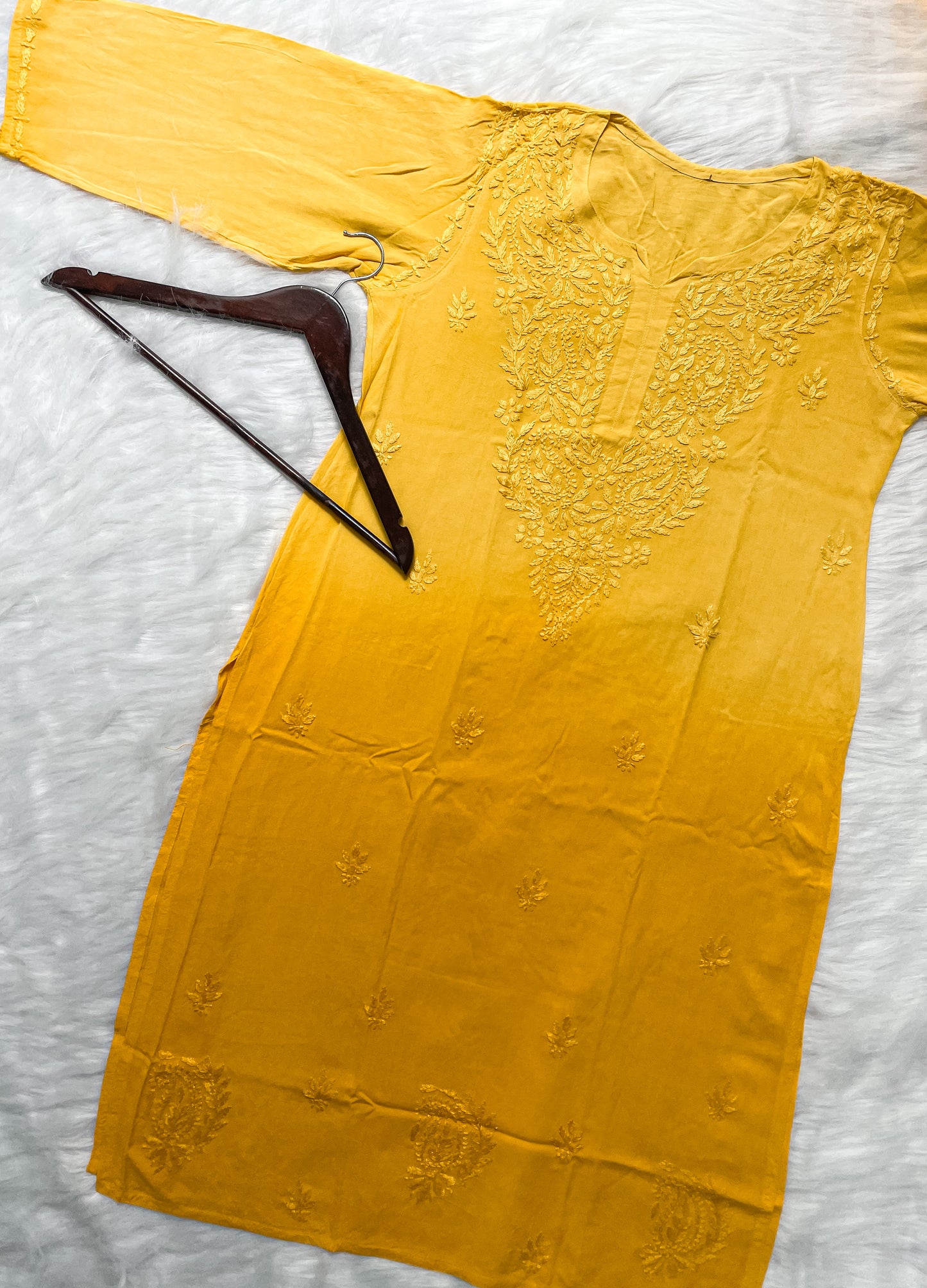 Ombre Dyed Shaded Rayon Lucknowi Chikankari Kurti, Palazzo and Dupatta Set.