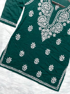 Bottle Green Mehwish Chikankari Rayon Short Top
