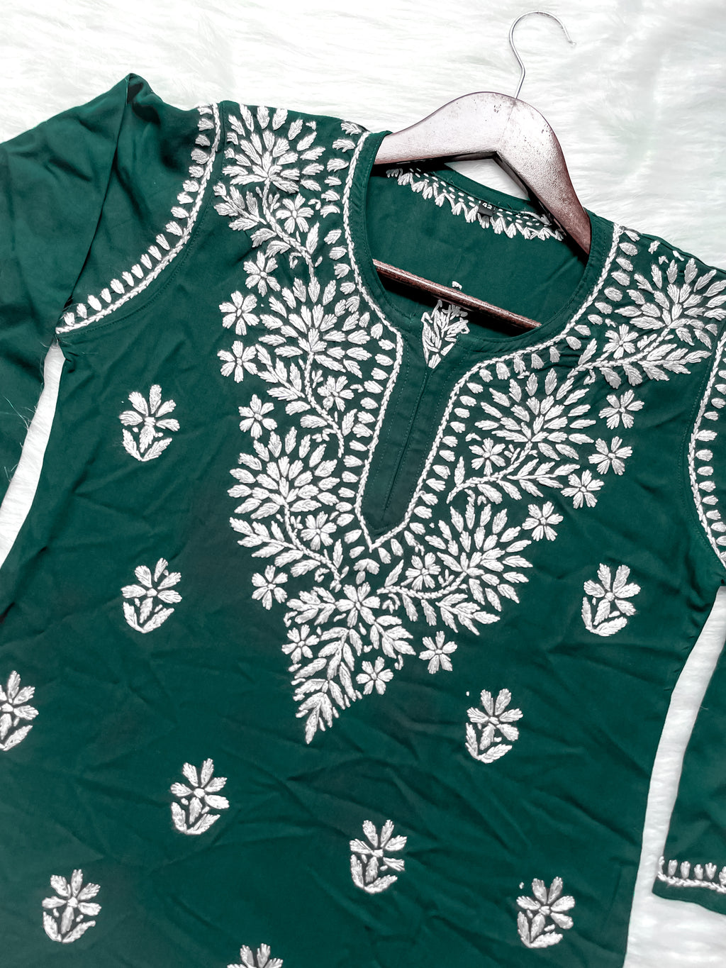 Bottle Green Mehwish Chikankari Rayon Short Top