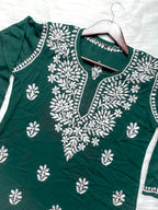 Bottle Green Mehwish Chikankari Rayon Short Top