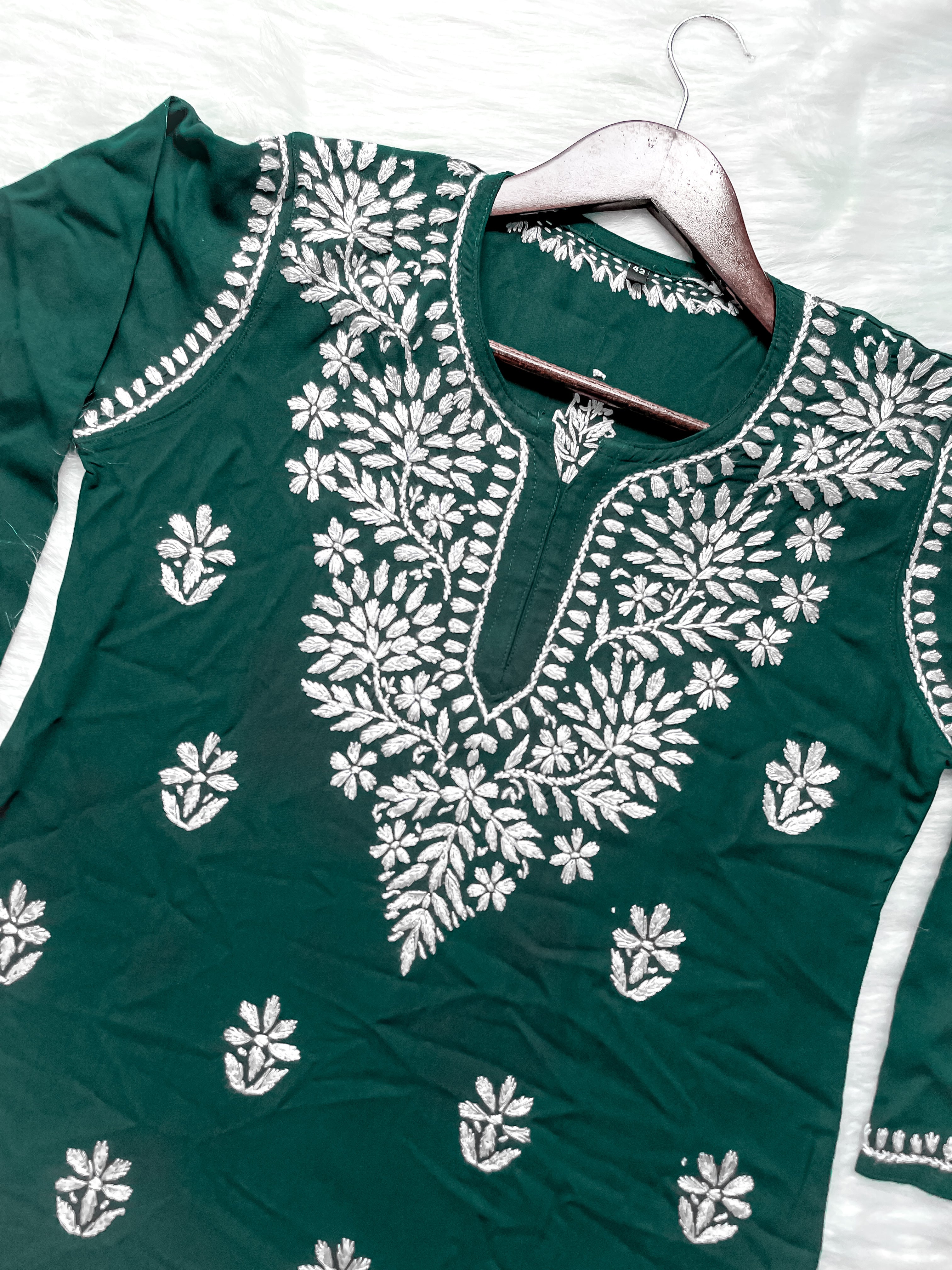 Bottle Green Mehwish Chikankari Rayon Short Top