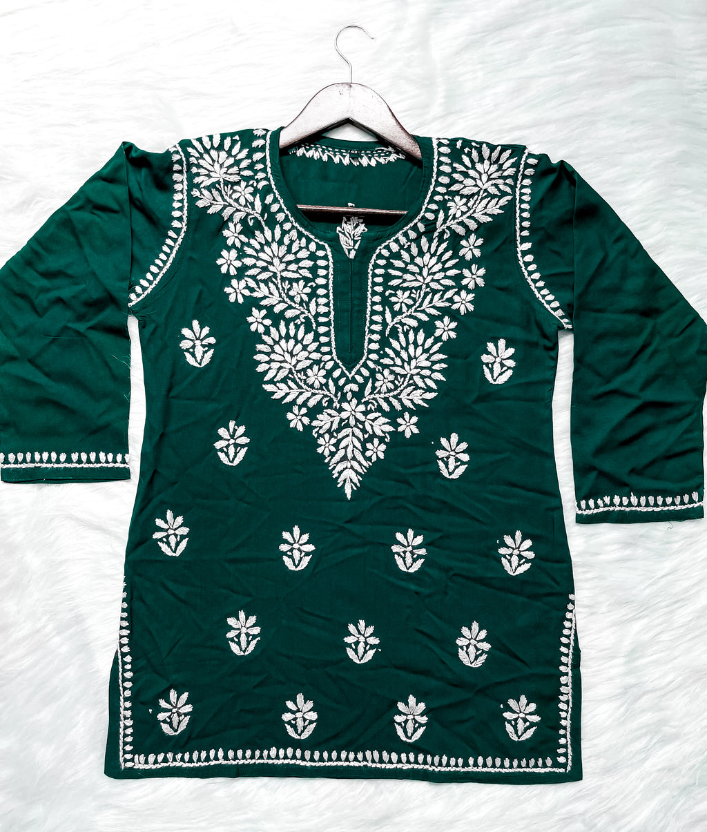 Bottle Green Mehwish Chikankari Rayon Short Top