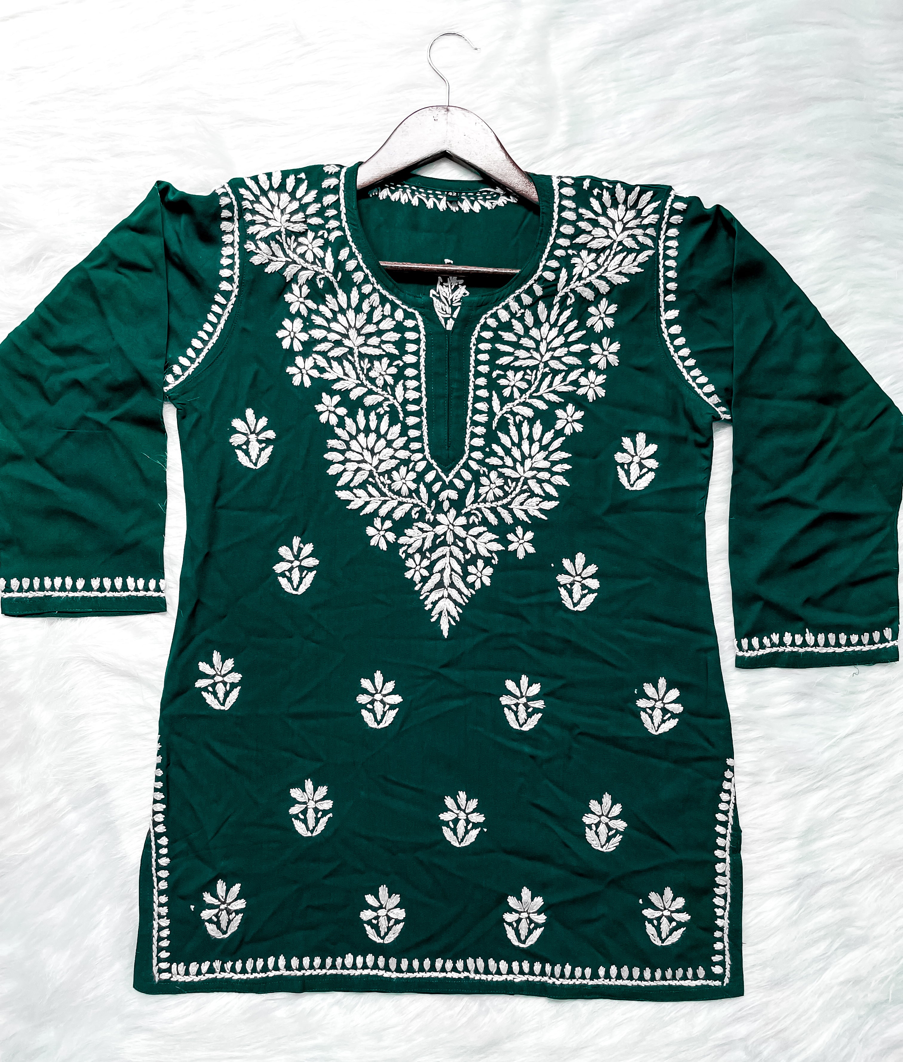 Bottle Green Mehwish Chikankari Rayon Short Top