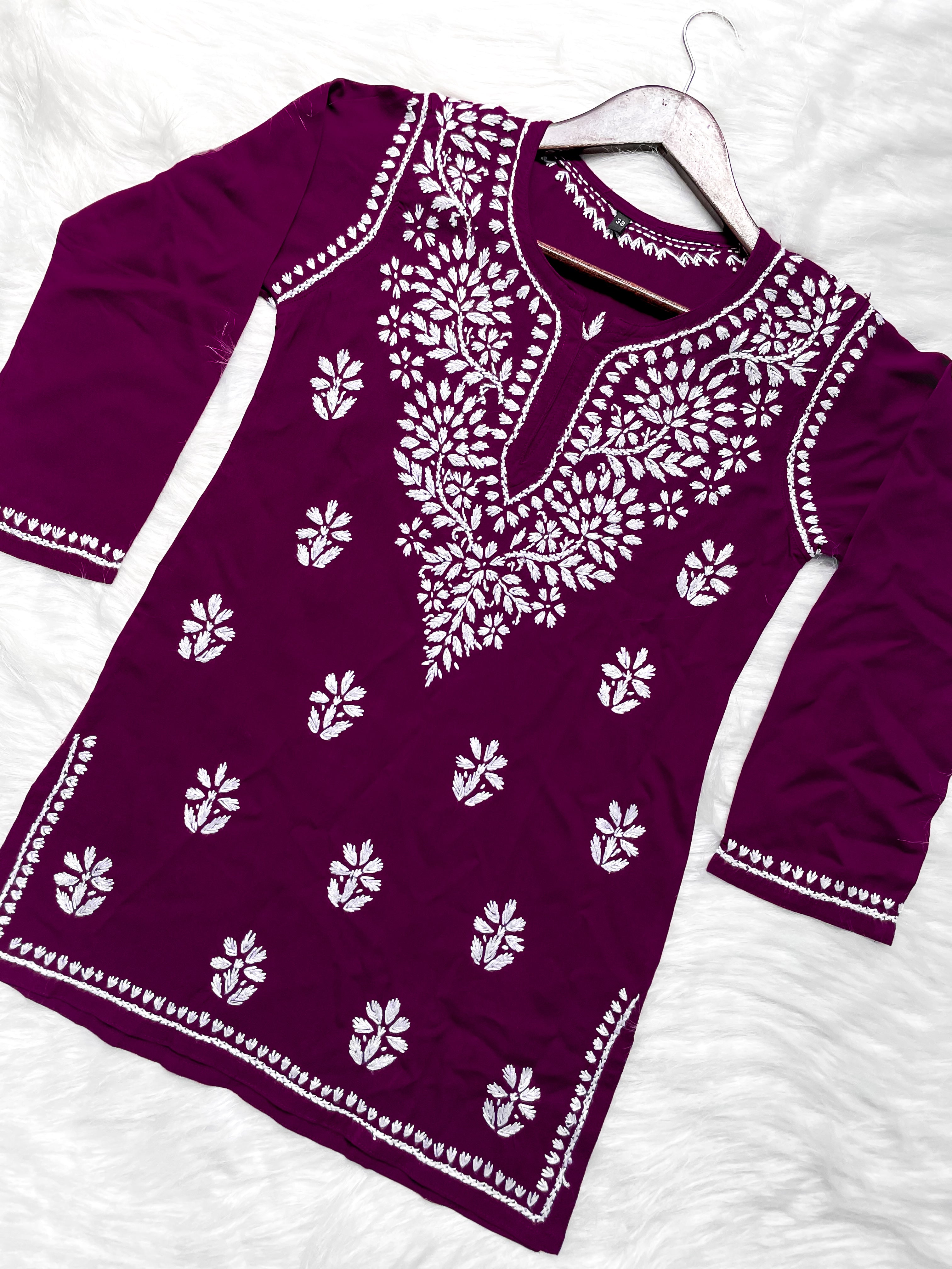 Wine Mehwish Chikankari Rayon Short Top