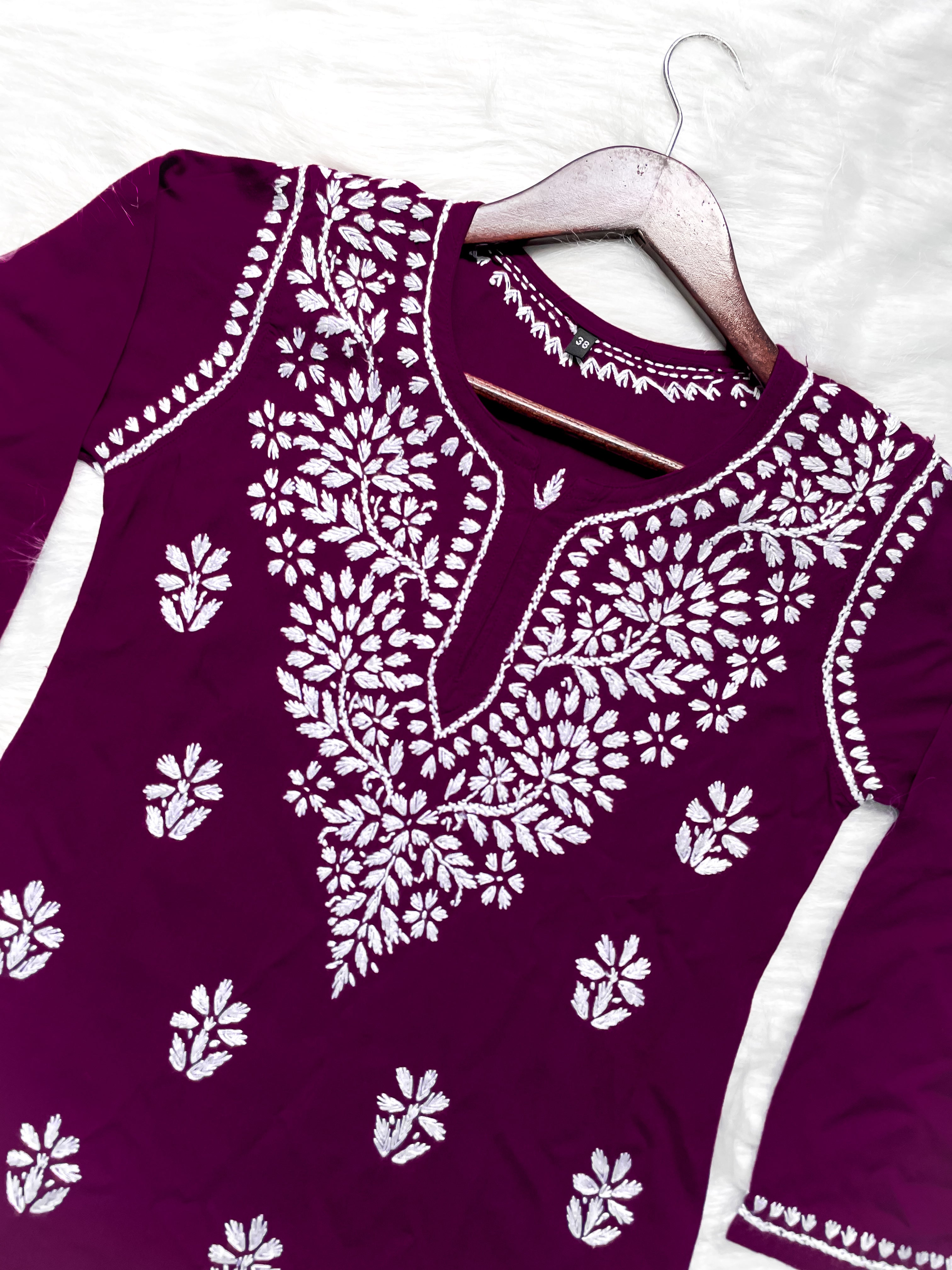 Wine Mehwish Chikankari Rayon Short Top