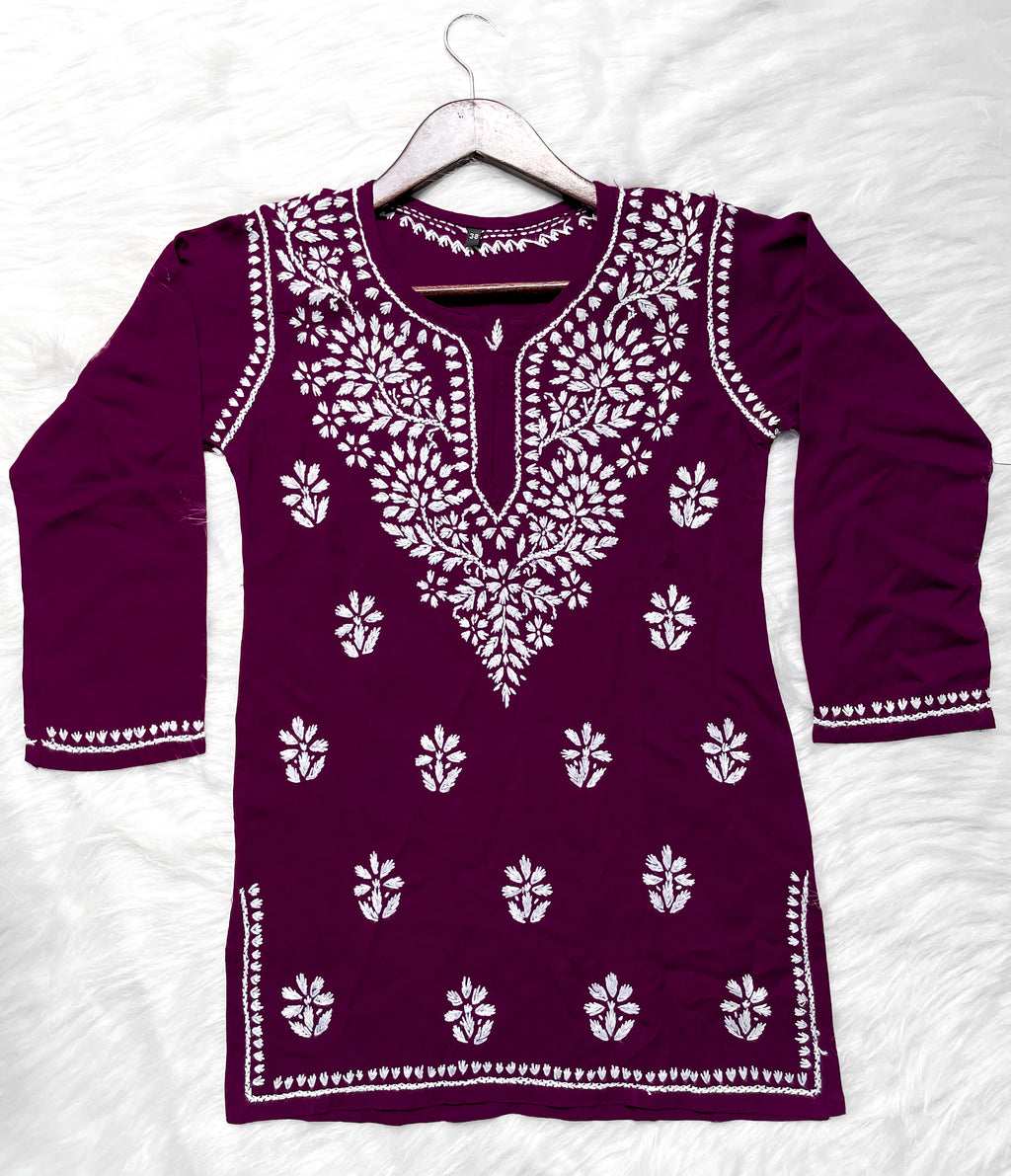 Wine Mehwish Chikankari Rayon Short Top
