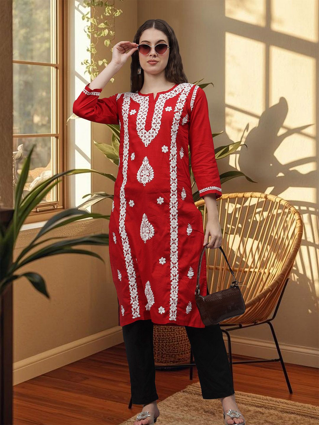 Red Ayat Cotton Chikankari Long Kurti