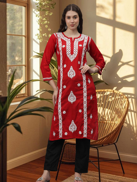 Red Ayat Cotton Chikankari Long Kurti