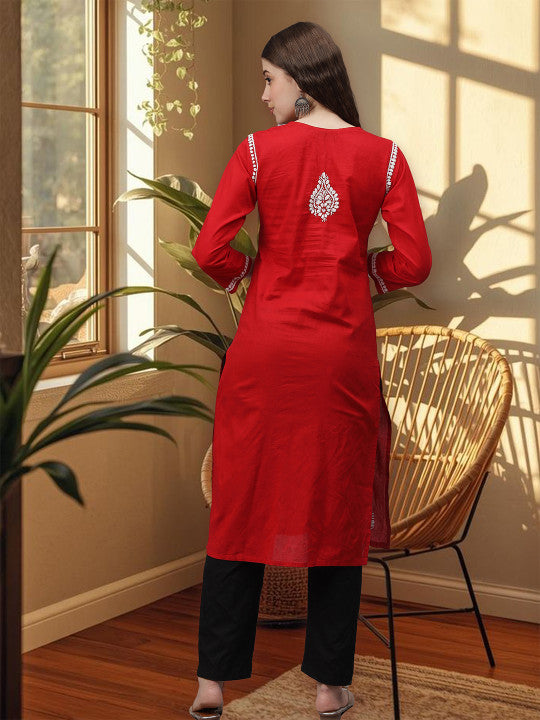 Red Ayat Cotton Chikankari Long Kurti
