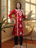 Red Ayat Cotton Chikankari Long Kurti