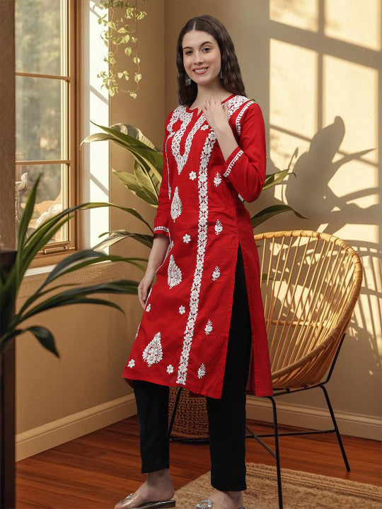 Red Ayat Cotton Chikankari Long Kurti