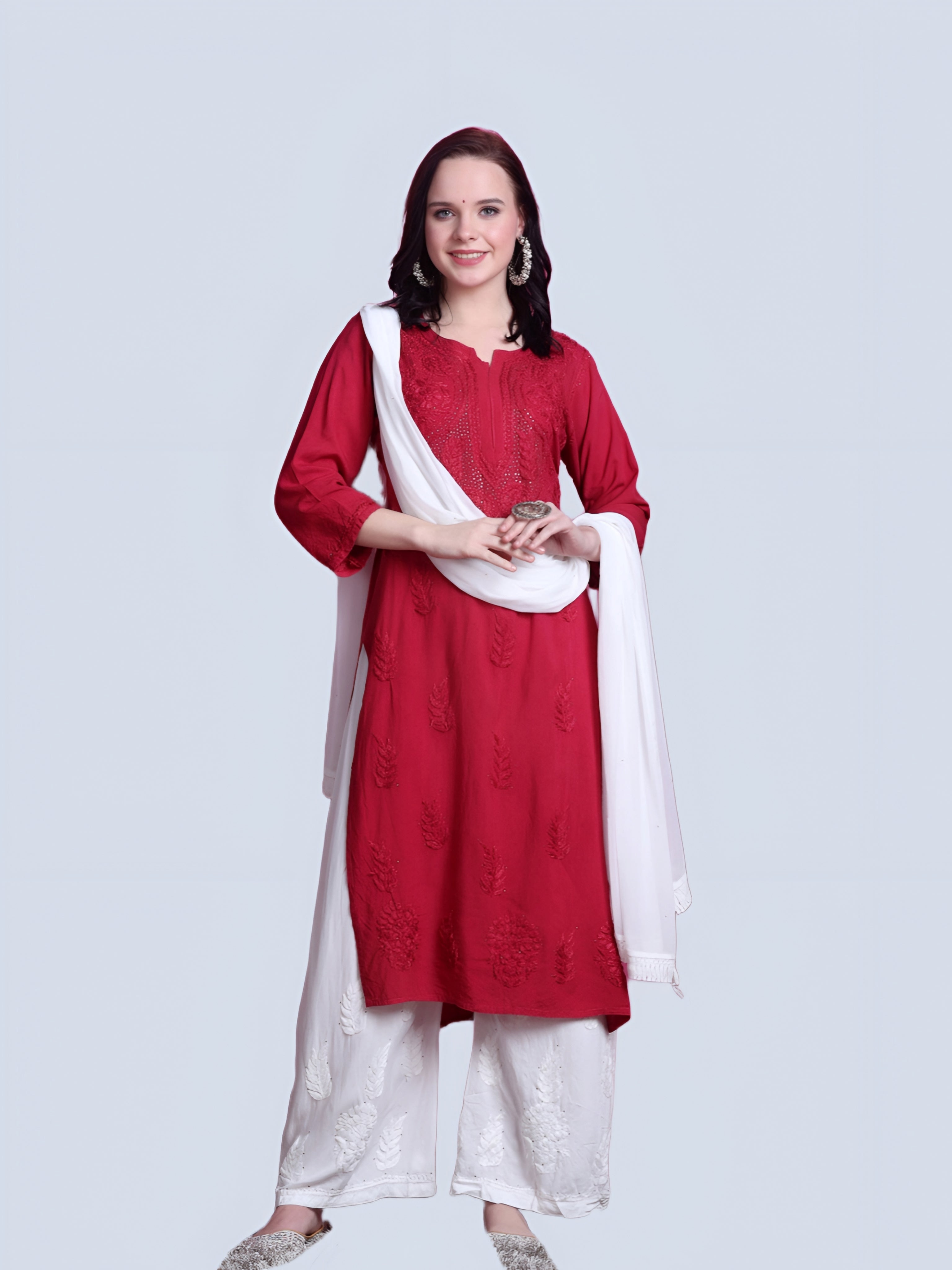 Red Saliha 3D Rayon Chikankari Kurti with Muquesh Work