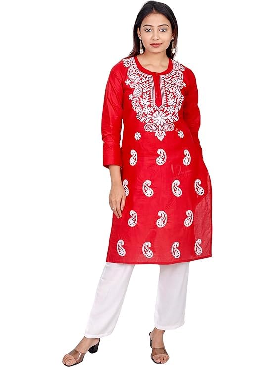 Red Muzdah Cotton Kurti & Lycra Pant Set