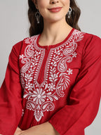 Red Muzdah Cotton Kurti & Lycra Pant Set