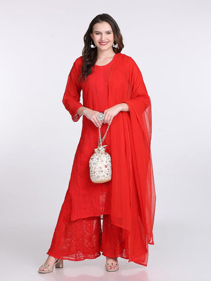 Hala Georgette Muquesh Embellishments Kurta, Sharara & Dupatta Set With Matching Cotton inner