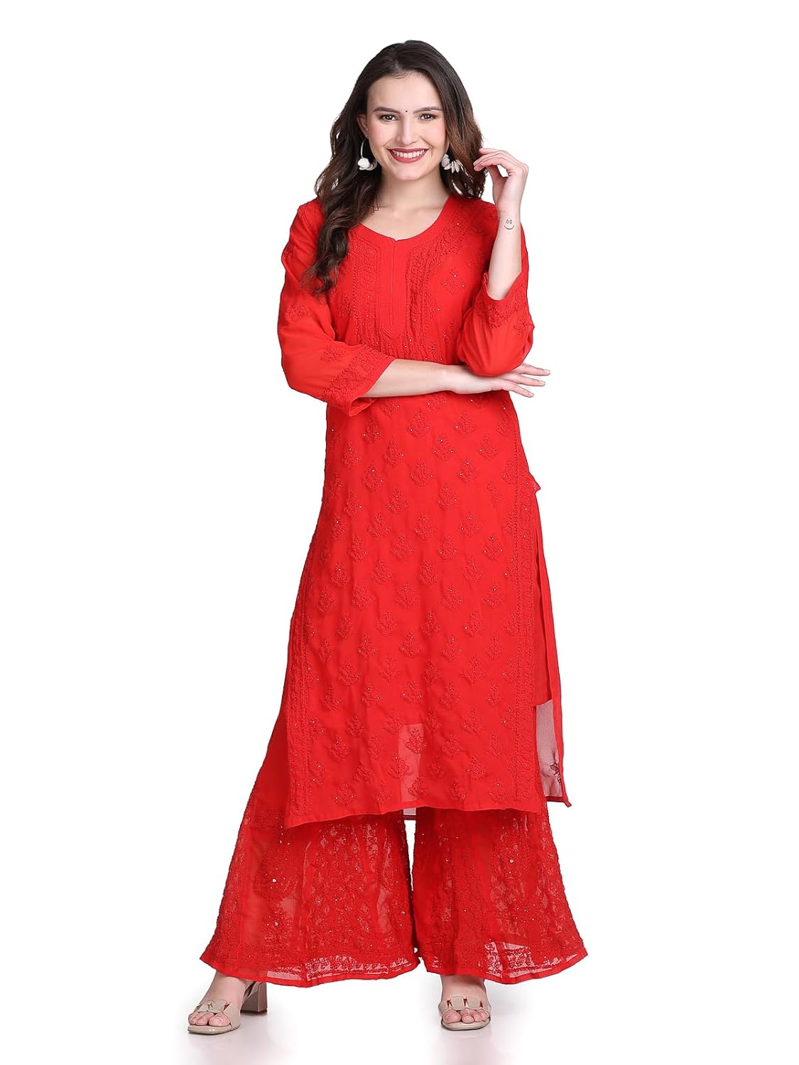 Hala Georgette Muquesh Embellishments Kurta, Sharara & Dupatta Set With Matching Cotton inner