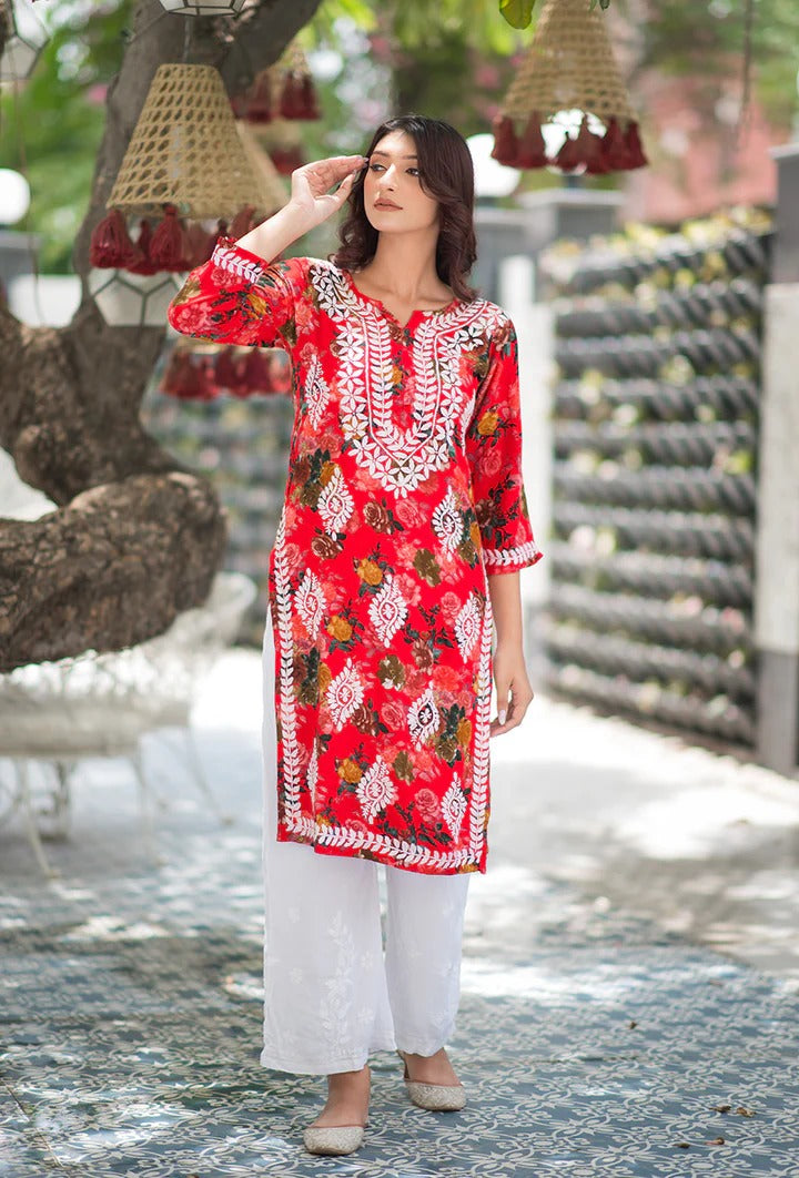 Nigaar Straight Fit Floral Print Rayon Kurti with Lucknowi Hand Embroidery for All Occasions