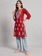 Red Muzdah Cotton Kurti & Lycra Pant Set