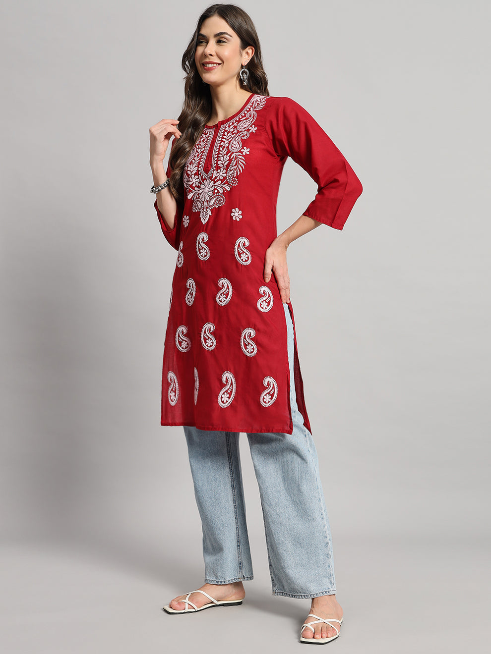 Red Muzdah Cotton Kurti & Lycra Pant Set