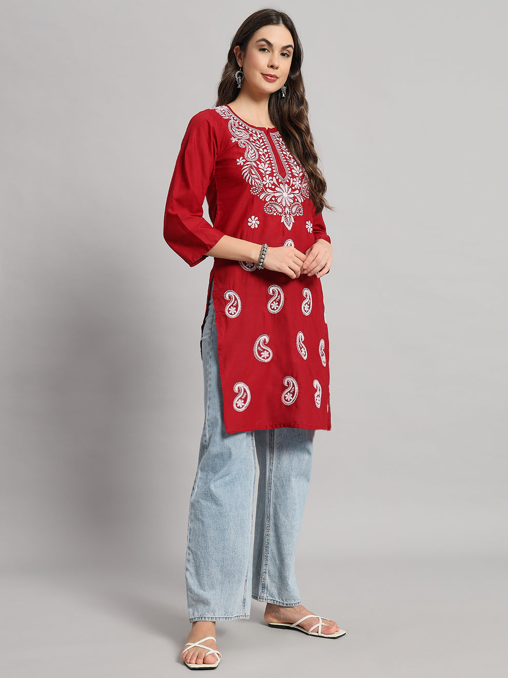 Red Muzdah Cotton Kurti & Lycra Pant Set