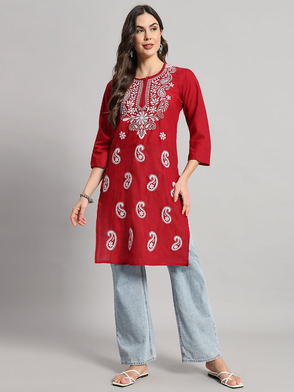 Red Muzdah Cotton Kurti & Lycra Pant Set