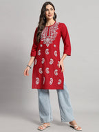 Red Muzdah Cotton Kurti & Lycra Pant Set
