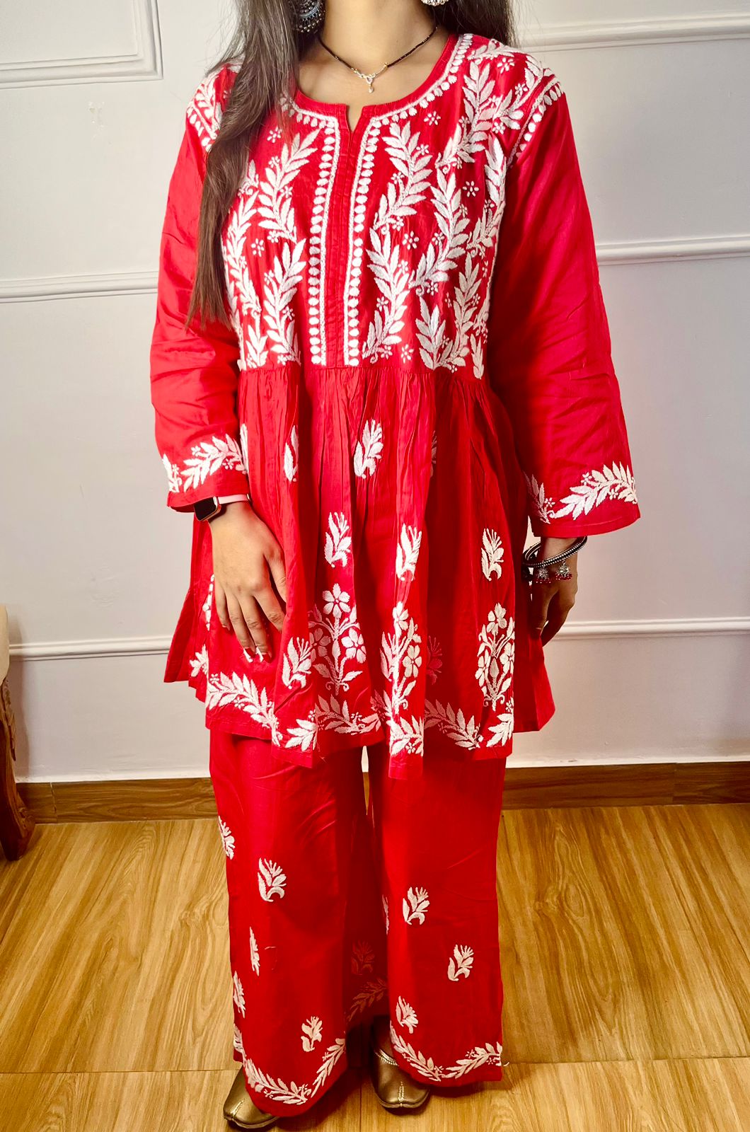 Red Afsana Chikankari Short Gown & Palazzo Set