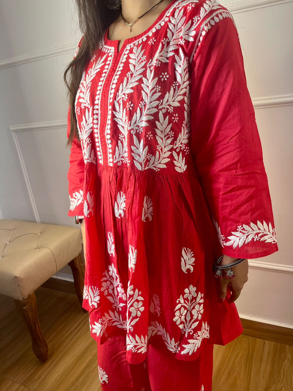 Red Afsana Chikankari Short Gown & Palazzo Set