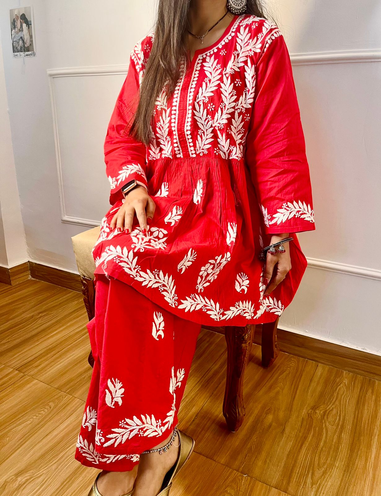 Red Afsana Chikankari Short Gown & Palazzo Set