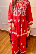 Red Afsana Chikankari Short Gown & Palazzo Set