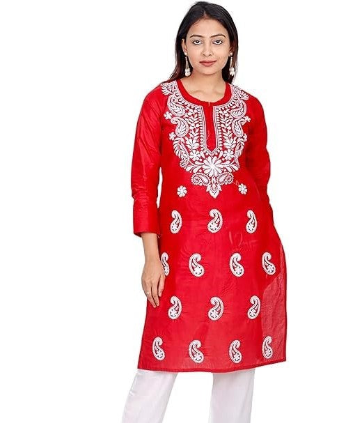 Red Muzdah Cotton Kurti & Lycra Pant Set