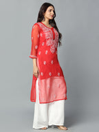 Red Gulbarg Mirror Work Chikankari Kurti with Inner