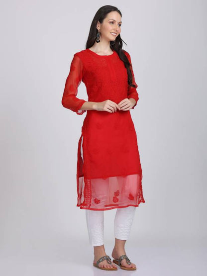 Women's Chiffon Georgette Chikankari Ton-to-Ton Kurti with Inner & White Lycra Pant Set