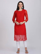 Red Iffat Georgette Kurti, Inner & Lycra pant Set