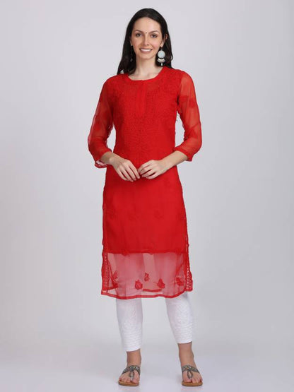 Women's Chiffon Georgette Chikankari Ton-to-Ton Kurti with Inner & White Lycra Pant Set