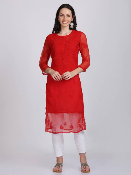 Women's Chiffon Georgette Chikankari Ton-to-Ton Kurti with Inner & White Lycra Pant Set