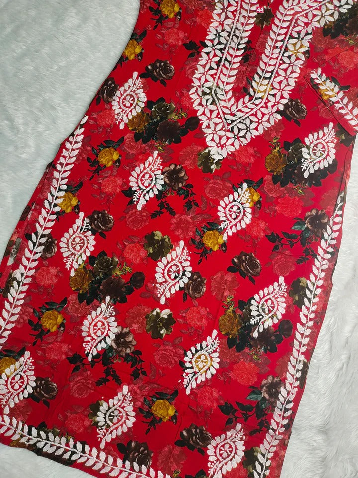 Nigaar Straight Fit Floral Print Rayon Kurti with Lucknowi Hand Embroidery for All Occasions