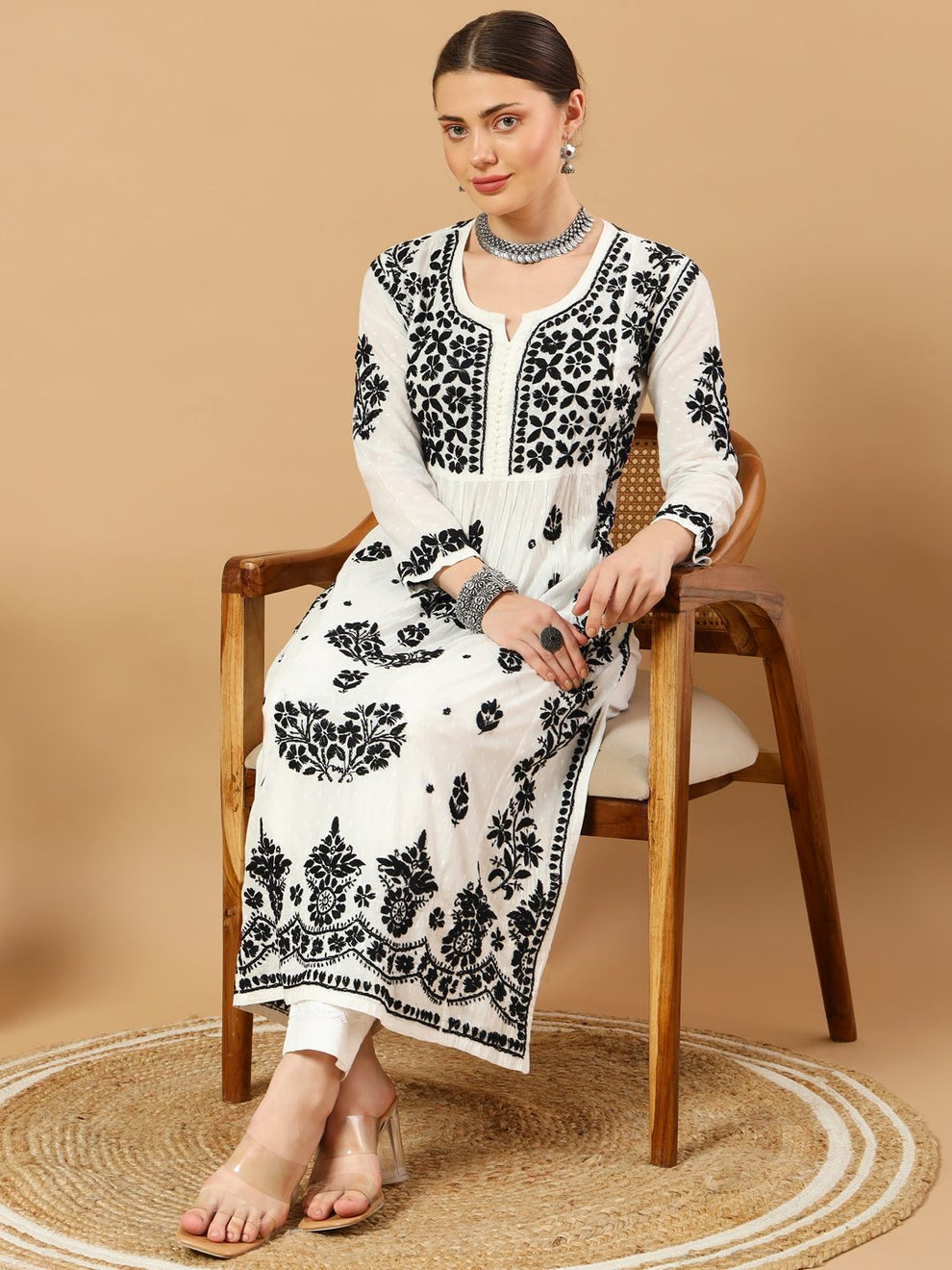 White Rida Nyra Style Cotton Chikankari Kurti